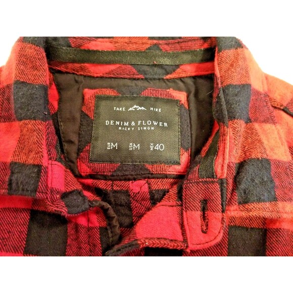 Denim & Flower Men’s Medium Plaid Red Black Flannel Button  Shirt    T4 - Picture 3 of 6